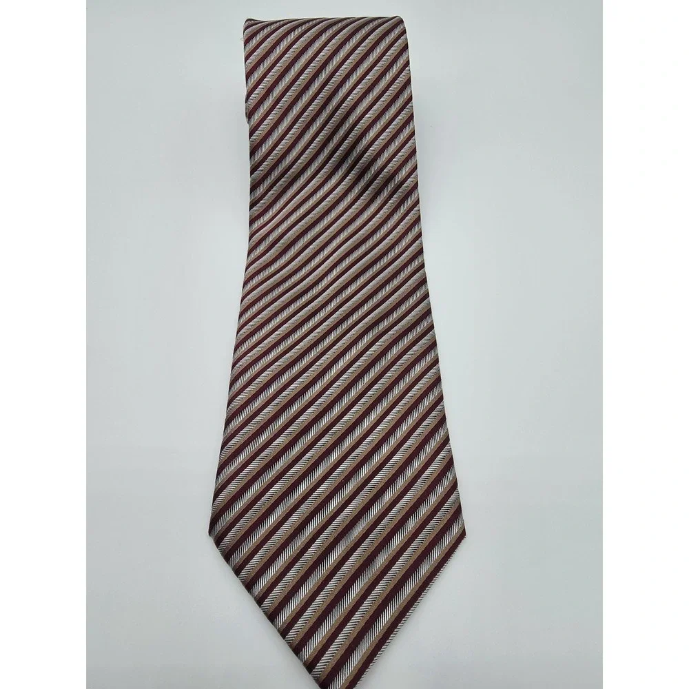 Kenneth Cole Maroon Gold Silver Striped Pattern Designer Tie 57